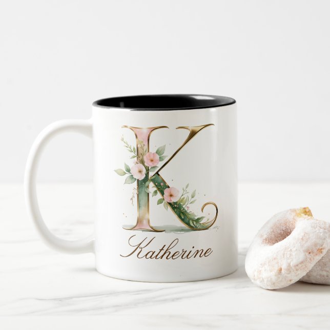 Luxury Gold Floral Initial K Two-Tone Coffee Mug (With Donut)