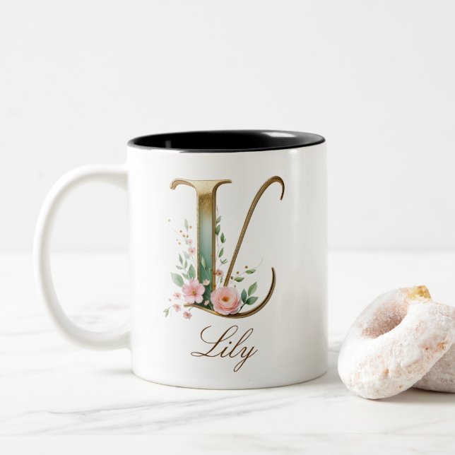 Luxury Gold Floral Initial L Two-Tone Coffee Mug (With Donut)