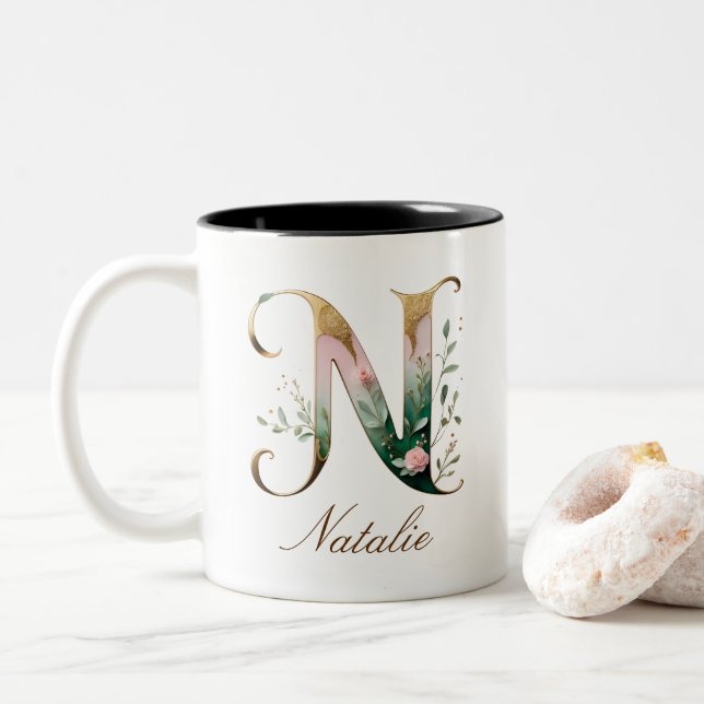 Luxury Gold Floral Initial N Two-Tone Coffee Mug (With Donut)