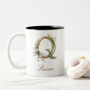 Luxury Gold Floral Initial Q Two-Tone Coffee Mug