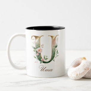 Luxury Gold Floral Initial U Two-Tone Coffee Mug