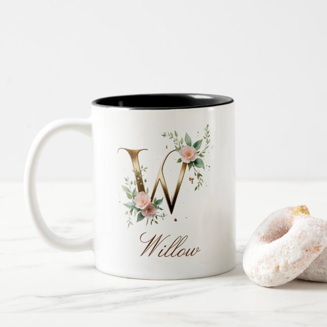 Luxury Gold Floral Initial W Two-Tone Coffee Mug (With Donut)
