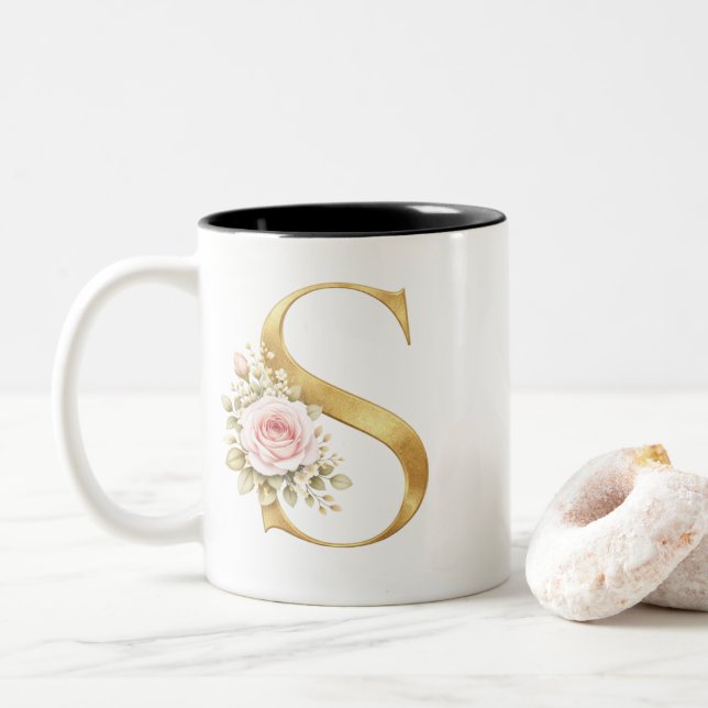 Luxury Gold Floral Letter S Monogram Two-Tone Coffee Mug (With Donut)