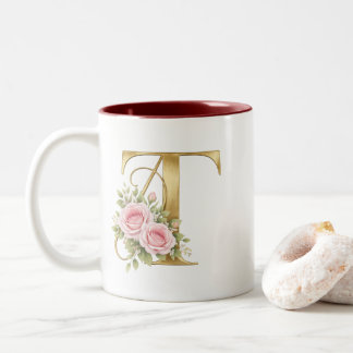 Luxury Gold Floral Letter T Logo Two-Tone Coffee Mug