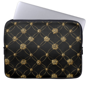 Luxury Gold Floral Pattern on a Black Background Laptop Sleeve