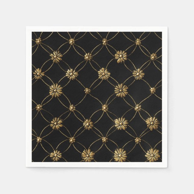 Luxury Gold Floral Pattern on a Black Background Napkin (Front)