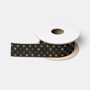 Luxury Gold Floral Pattern on a Black Background Satin Ribbon