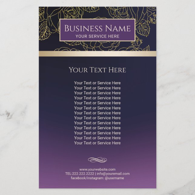Luxury Gold Floral Pattern Purple Salon & Spa Flyer (Front)