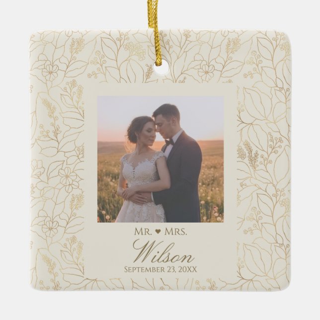 Luxury Gold Floral Wedding Pattern Ceramic Ornament (Front)