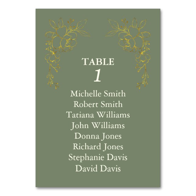 Luxury Gold Flowers Ivory Sage Green Wedding Table Number (Front)