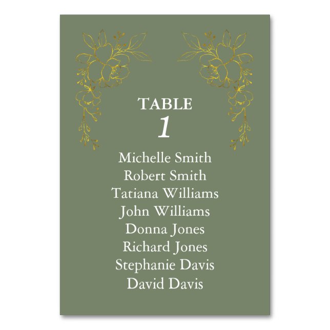 Luxury Gold Flowers Royal Sage Green Wedding Table Number (Back)