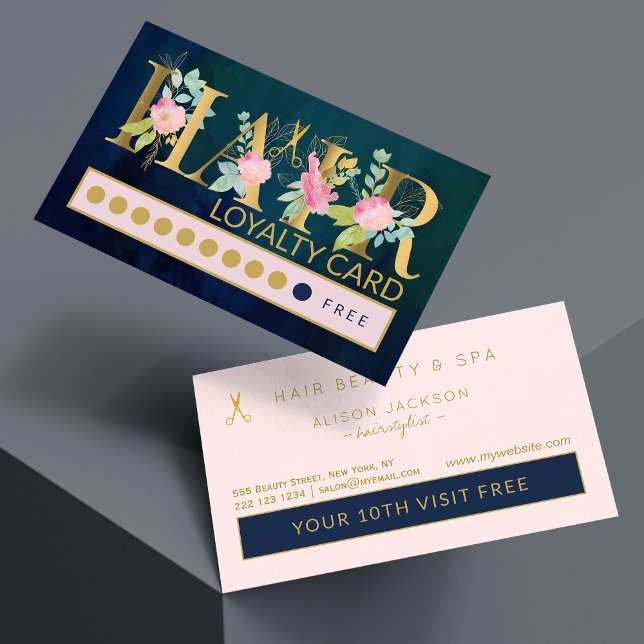 Luxury gold foil and navy HAIR salon loyalty punch Business Card (Creator Uploaded)