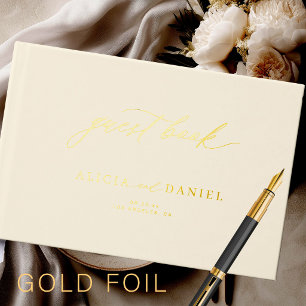 Luxury gold foil calligraphy minimal ivory wedding guest book