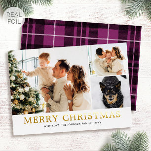 Luxury Gold Foil Christmas Family Photo Pink Plaid Holiday Card