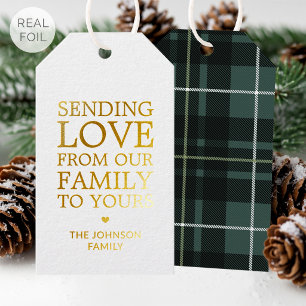 Luxury Gold Foil Christmas Plaid Family Name Green Gift Tags