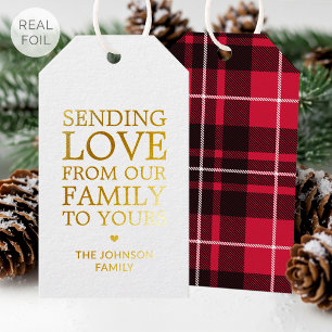 Luxury Gold Foil Christmas Plaid Family Name Red Gift Tags