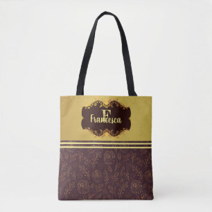 Luxury Gold Foil Glittery  Flowers Name Monogram  Tote Bag