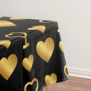 Luxury Gold Foil Hearts on Black  Tablecloth