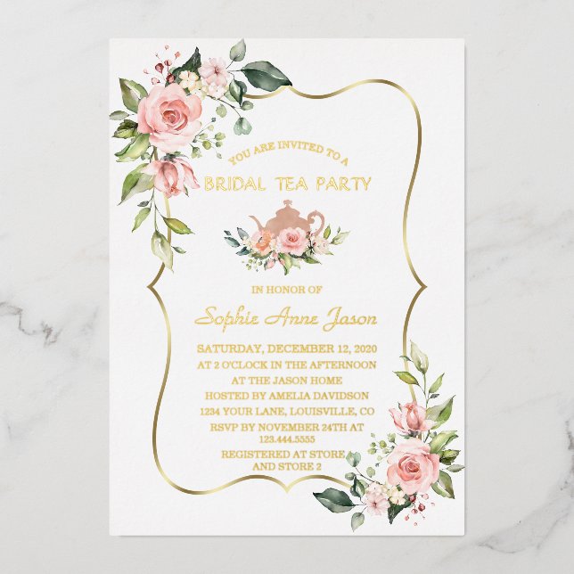 Luxury GOLD FOIL Pink Floral Bridal Tea Party (Front)