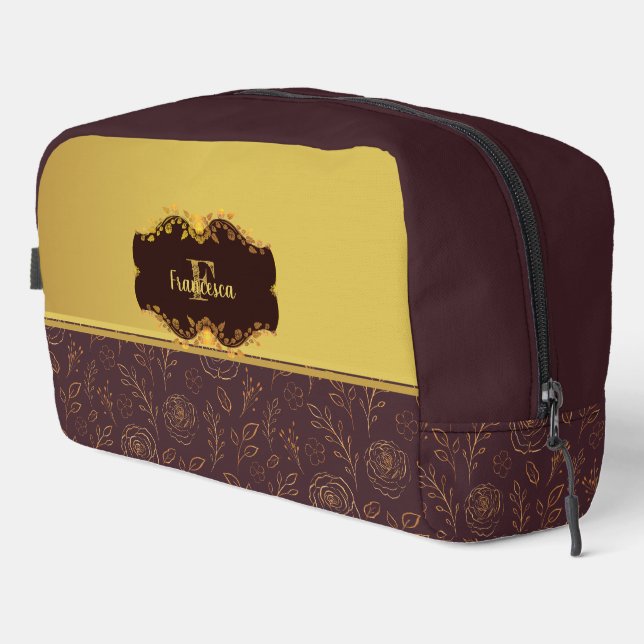 Luxury Gold Foil Roses Name Monogram  Dopp Kit (Right Corner)
