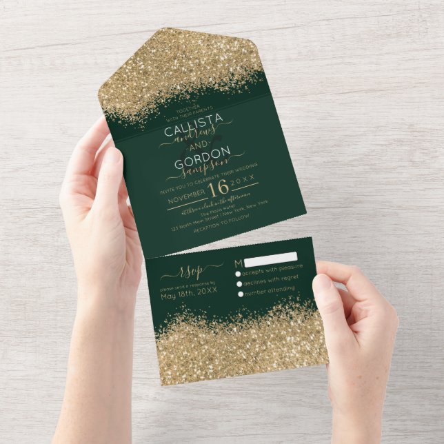 Luxury Gold Forest Green Glitter Confetti Wedding All In One Invitation (Tearaway)