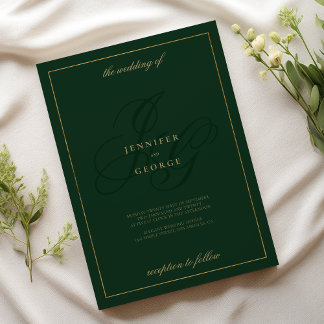 Luxury gold forest green monogram initials wedding invitation