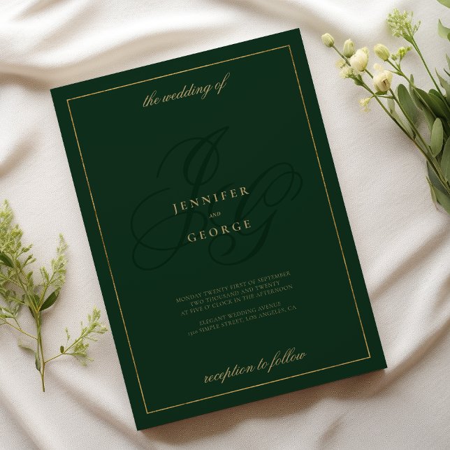Luxury gold forest green monogram initials wedding invitation (Luxury gold forest green monogram initials wedding)