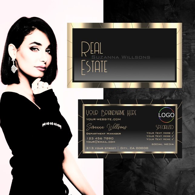 Luxury Gold Frame Dark Gradient Stylish with Logo Business Card (Creator Uploaded)