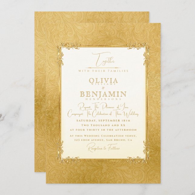 Luxury Gold Frame florale & Golden texture Wedding Invitation (Front/Back)