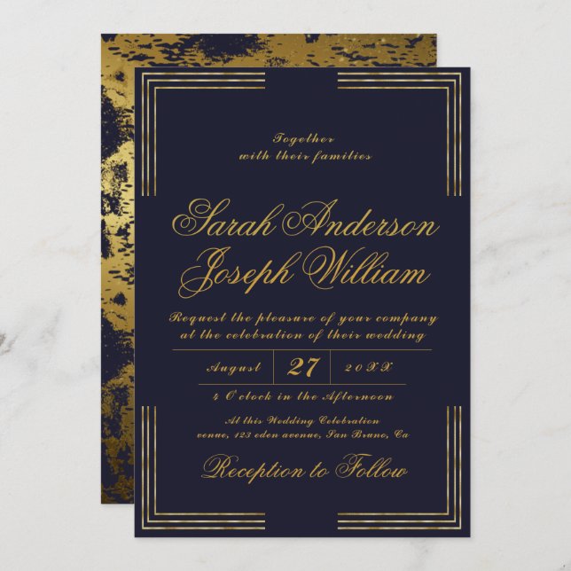 Luxury Gold Frame & Golden Foil Wedding Invitation (Front/Back)