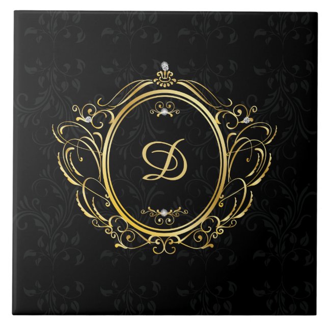 Luxury gold frame monogram black damask back ceramic tile (Front)