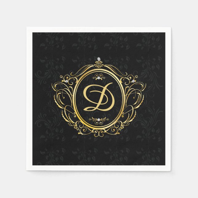 Luxury Gold frame Monogram Black Damask back Napkin (Front)
