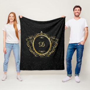 Luxury Gold frame Monogram with black damask back Fleece Blanket