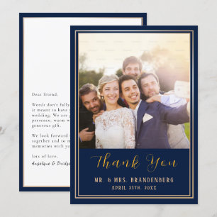 Luxury Gold Frame Photo Navy Blue Thank You Card