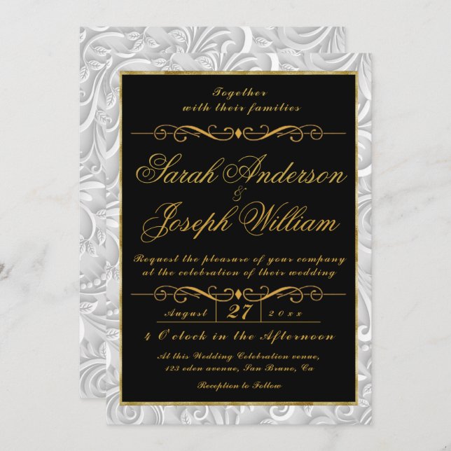 Luxury Gold Frame & Texture Nordic Flower Wedding  Invitation (Front/Back)
