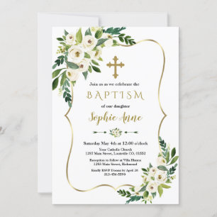 Luxury Gold Frame White Flowers Girl Baptism Invitation