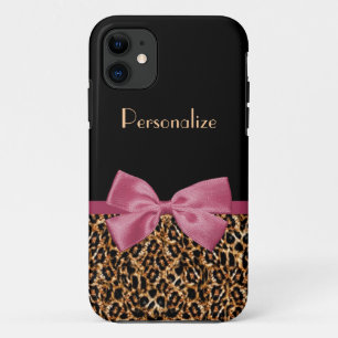 Luxury Gold Fur Leopard Print Mauve Bow With Name iPhone 11 Case