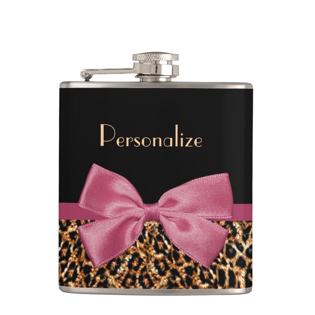 Luxury Gold Fur Leopard Print Mauve Bow With Name Hip Flask (Front)