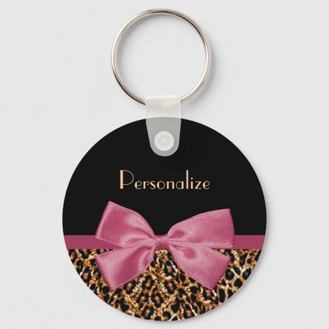 Luxury Gold Fur Leopard Print Mauve Bow With Name Key Ring (Front)