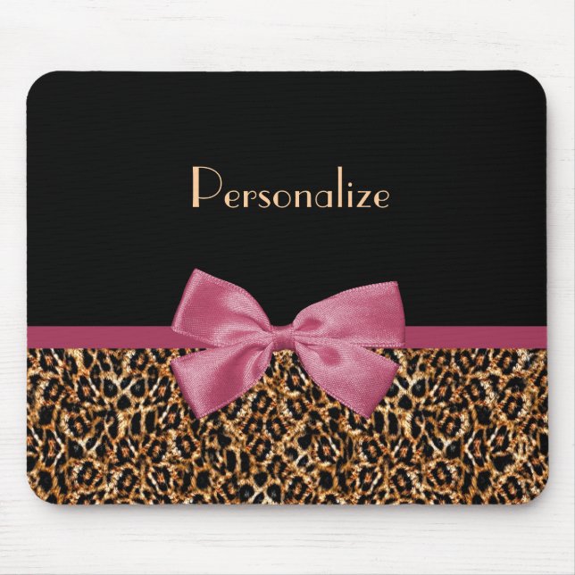 Luxury Gold Fur Leopard Print Mauve Bow With Name Mouse Pad (Front)