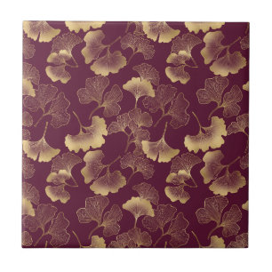 Luxury Gold Ginkgo Burgundy Ceramic Tile