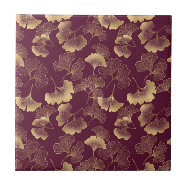 Luxury Gold Ginkgo Burgundy Ceramic Tile (Front)