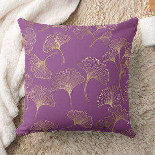 Luxury Gold Ginkgo Leaves on Deep Purple (1) Cushion