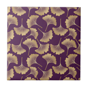 Luxury Gold Ginkgo Leaves on Deep Purple (6) Ceramic Tile