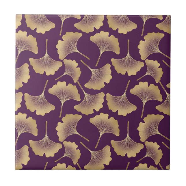 Luxury Gold Ginkgo Leaves on Deep Purple (6) Ceramic Tile (Front)