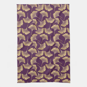 Luxury Gold Ginkgo Leaves on Deep Purple (6) Tea Towel