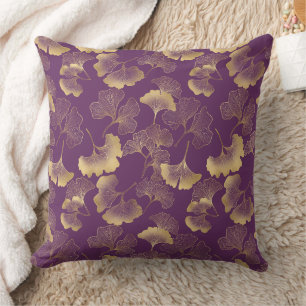 Luxury Gold Ginkgo Leaves on Deep Purple (7) Cushion