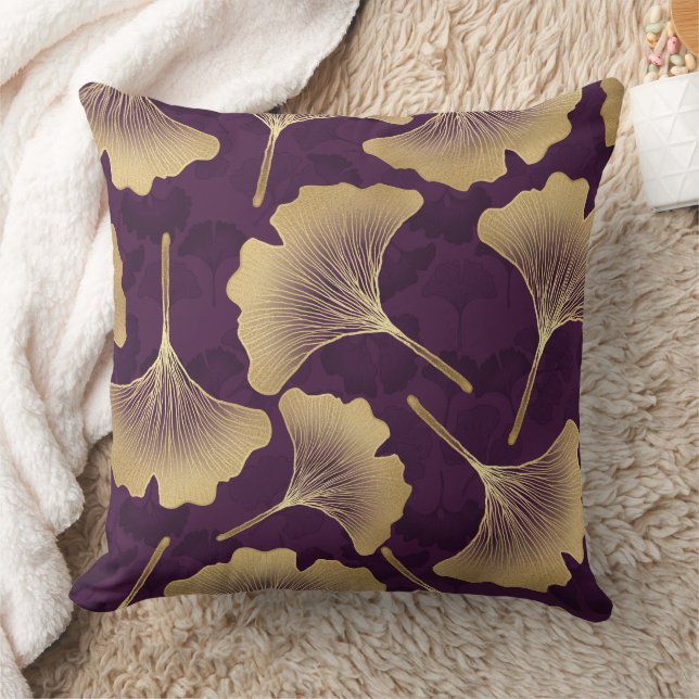 Luxury Gold Ginkgo Leaves on Deep Purple (8) Cushion (Blanket)
