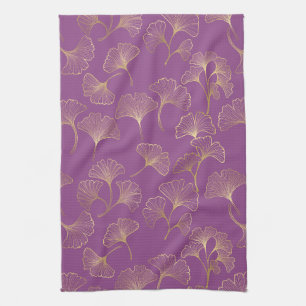 Luxury Gold Ginkgo Leaves on Deep Purple Tea Towel