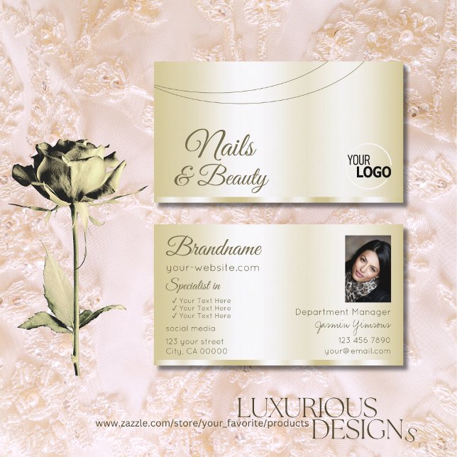 Luxury Gold Glamourous with Logo and Photo Stylish Business Card (Creator Uploaded)